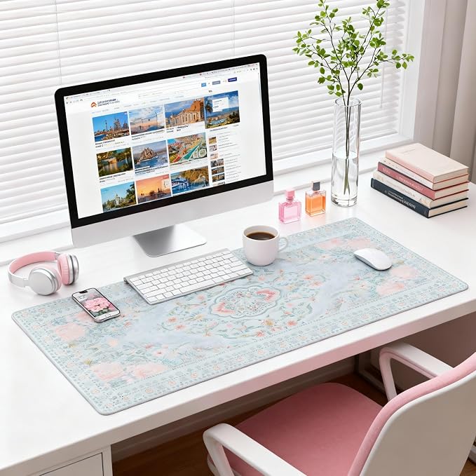 Giant Floral Desk Pad, Blue XXL Long Mouse Mat with Anti-Slip & Stitched Edge, Cute Office Decor for Women, Home Computer Workstation