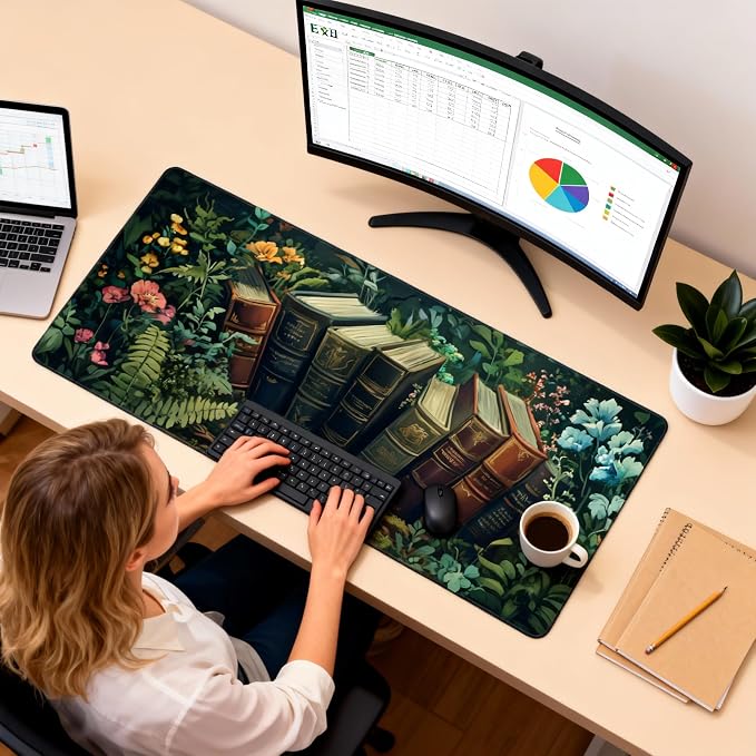 Floral Aesthetic Book Gaming Mouse Pad, Forest Green Moody Forest Desk Mat with Anti-Slip Base & Stitched Edges, Computer Keyboard & Laptop Pad, 35.4" x 15.7" in in Workstation Accessories