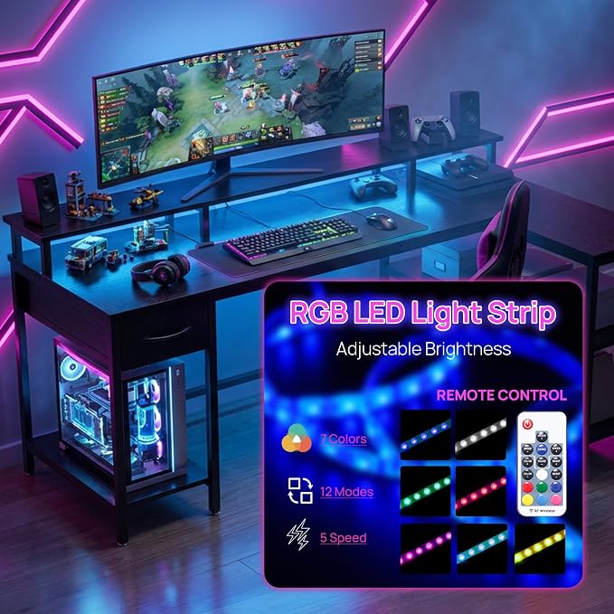 Alpen L Shaped Gaming Desk, 47 Inch Computer Desks with Drawers, Corner Desk Gaming Table with LED Lights & Power Outlets, Monitor Stand, Home Office Desk for Living Room, Bedroom, Black