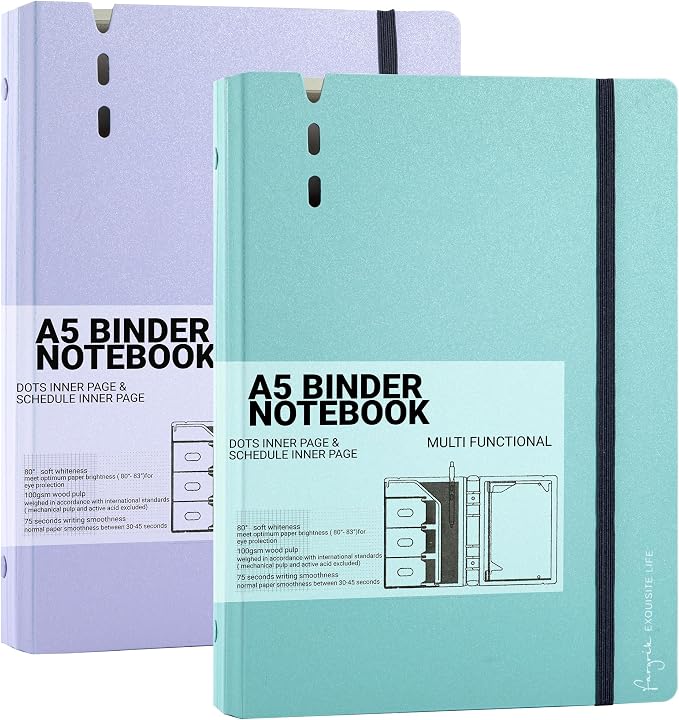 CAGIE 2 Pack A5 Binder 6 Ring Refillable Notebook, Dividers & Pockets | Daily Planning Square Ruled and Dotted Pages, 6.89 x 9.25 In, Refill Paper Included (Purple & Blue, A5 Daily & Dot Page)