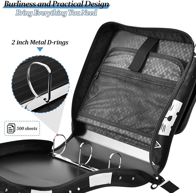 White Black Cats 3 Ring Binder Bag 1.5 inch Binder Organizer with Zipper Shoulder Strap 500 Sheet Documents Storage for School Office