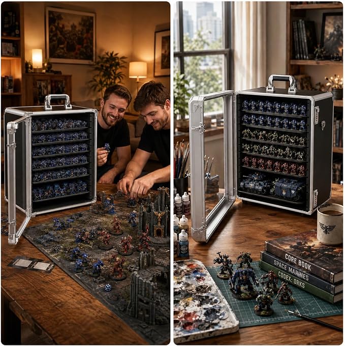 Miniature Carrying Case for Wargame Figures, Mini Display Case, X-Large | Aluminum Alloy, 6 Metal Trays, Combination Lock, Shoulder Strap, Storage Case for Collectibles, Tabletop Figure