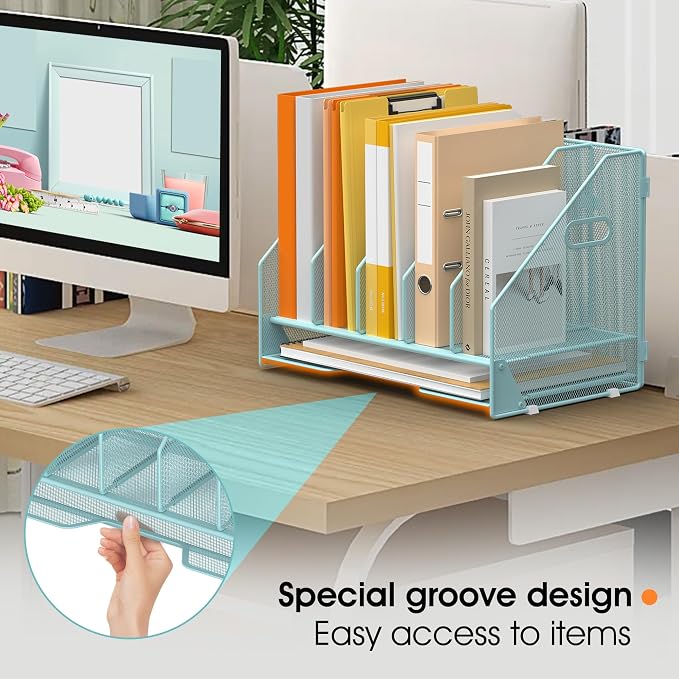 5 Vertical Mesh Desk Organizer with Paper Letter Tray, Blue | Sorting racks with lower letter tray section. Multipurpose mesh desktop space saver for home office and school