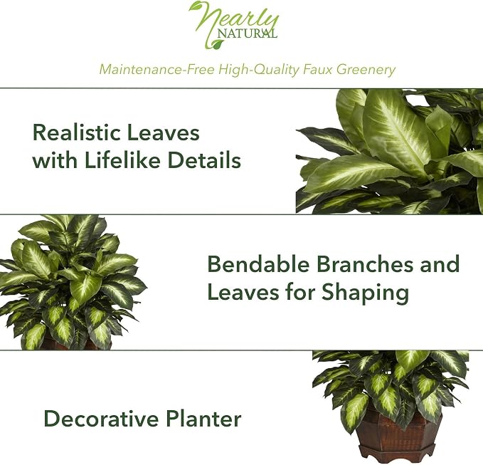Nearly Natural 24 in Artificial Golden Dieffenbachia Plant with Pot | Variegated Foliage Silk Plant, Modern Hexagon Planter, Maintenance-Free Indoor Faux Greenery, Room Decor