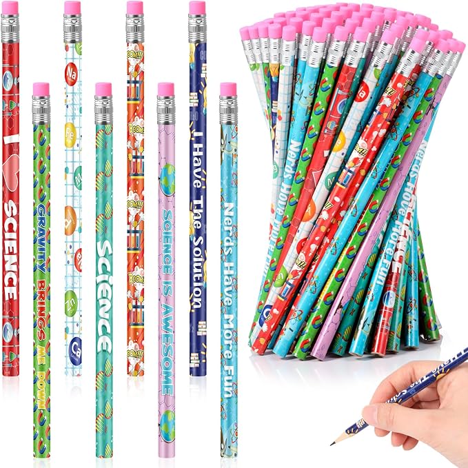 Nezyo 96 Pcs Science Pencils Bulk Science Party Favors Cute Chemistry Pencils with Erasers Motivational Back to School Gifts for Student Fun Scientist Theme Birthday Gifts Lab Reward Teacher Supplies