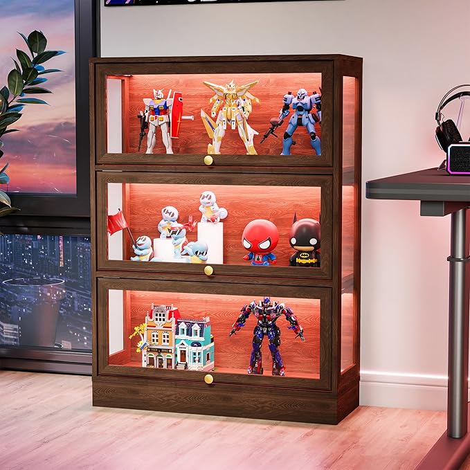 Display Cabinet with Acrylic Glass Doors,3-Tiers Curio Cabinet with LED Lighting for Collectibles, Collectibles Toy Organizers Rack & Display Shelf Display Case Storage Cabinet,Walnut