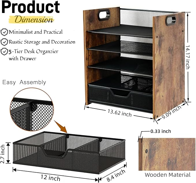 Desk Organizer, 5-Tier Desktop File Organizer with Drawer, Wooden Paper Tray Organizer, Office Desk Organzier and Accessories for Papers, Mail, Notebooks, Stationery