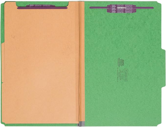 Smead Pressboard Legal Size File Folders with SafeSHIELD Fasteners, 2 Dividers, 2" Expansion, Office Folders, Paper Holder, Green, 10 per Box (19033)