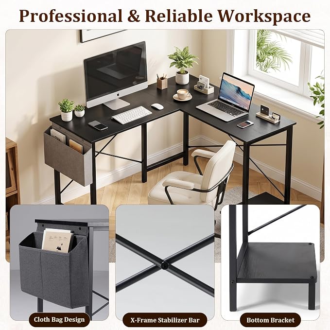 L Shaped Desk, 50 Inch Computer Desk Home Office Desk for Small Space Black | Gaming Table Corner Desk for Small Space with CPU Stand and Side Storage Bag, Sturdy Writing Workstation for Bedroom, Black