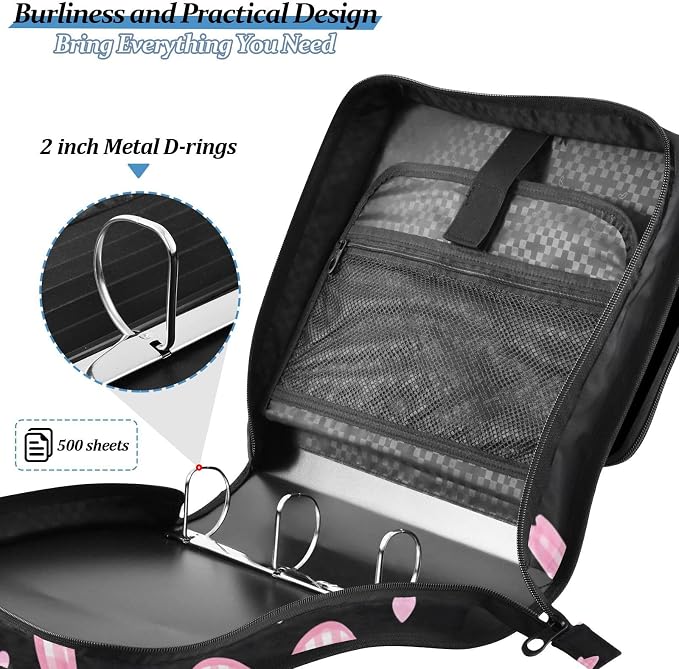 3 Ring Zipper Binder with Shoulder Strap Pink Bow Heart 2 Inch Zippered Binder Bag 500 Sheet Capacity Multi Pockets for School Supplies