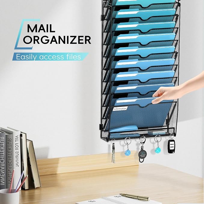 20-Tier Wall File Organizer and Mail Organizer with 5 Hooks, Black | Label slots, curved openings, 5 key hooks, and a bottom tray support organized mail, file, and everyday item storage.