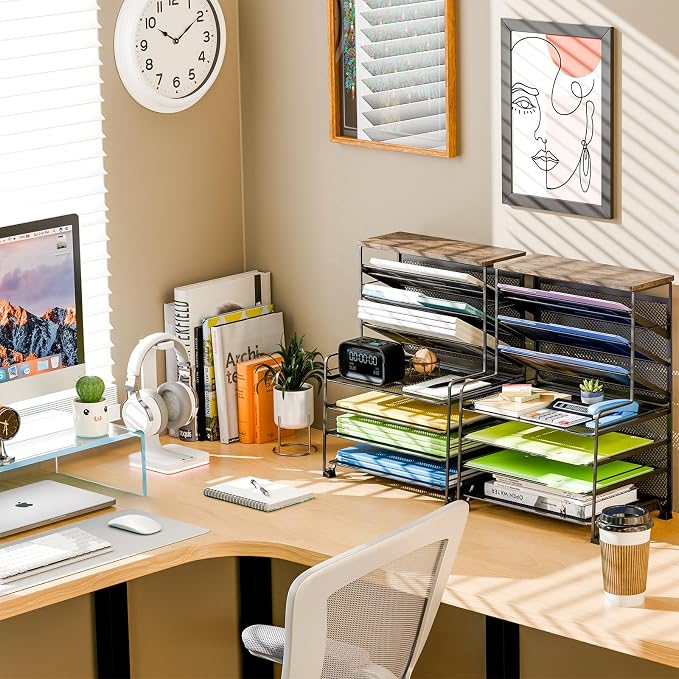 Simple Trending 7 Tier Desk File Organizer, 2 Pack Letter Tray Paper Organizer, Mesh Desk Accessories File Folder for Office, Home or School, Black
