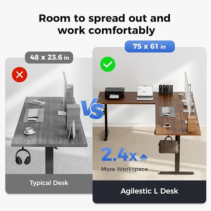 Agilestic 75 x 61 Inch L Shaped Standing Desk with Powerstrip, Dark Walnut | Outlets, Cable Management, Corner Desk, Ample Workspace, Memory Presets, Hooks, Stable Steel Frame,176 lbs, Splice Board
