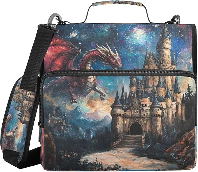 3 Ring Zipper Binder Dragon Castle Binder Organizer Portfolio with File and Shoulder Strap & Handle Large Capacity File Folder