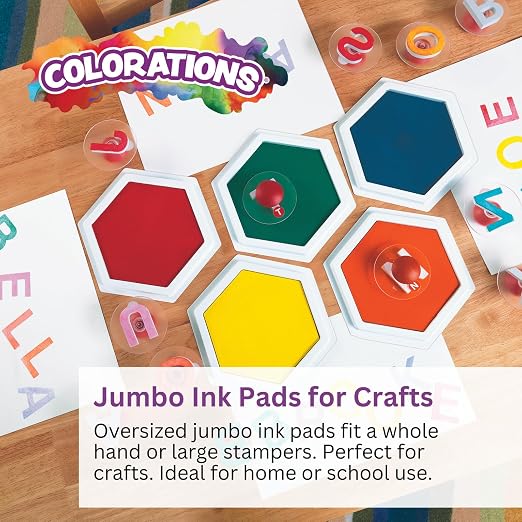 Colorations Classic Primary Colors Jumbo Washable Stamp Pads Washable Ink Pack of 6 (6"L x 7"W) - Classroom Stamping for Kids With Lid | 6" L x 7" W, Includes Lids, Washable Ink for Kids' Classroom Stamping