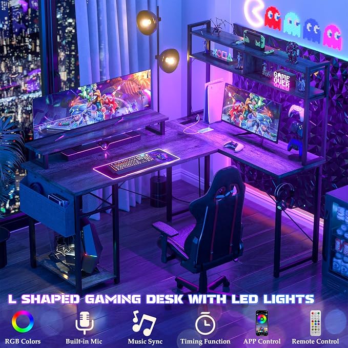 Aheaplus Small L Shaped Gaming Desk with LED Lights & Power Outlets, Reversible L-Shaped Computer Desk with Monitor Stand & Storage Shelf, Corner Desks Home Office Desk with Storage Bag, Grey Oak
