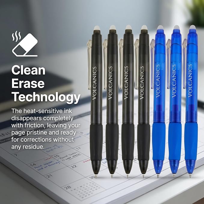 Volcanics Retractable Clicker Erasable Gel Pens - 0.7mm Ball Point, Heat Erase with Built-in Eraser, 36 Pack Blue and Soft Black