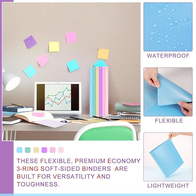 Fulmoon 6 Pack 1.5 Inch Plastic 3 Ring Binders with Pockets, Pastel Colors | Flexible Covers with Round Rings and Front Pockets for Organizing Papers at School, Office, Meetings and Presentations