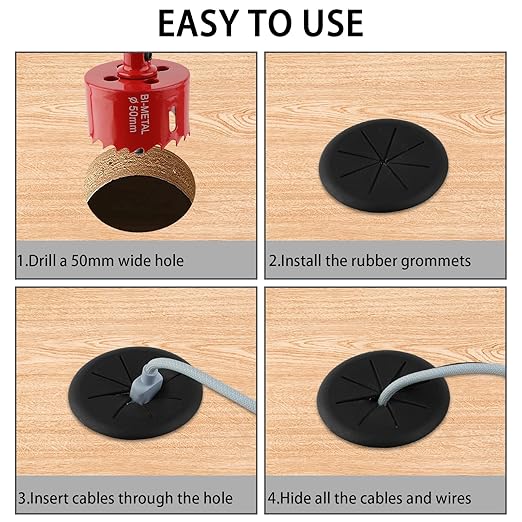 2 Inch(50mm) Desk Grommet,12 Pieces Wire Grommet, Desk Hole Cover for Cables with Hole Saw,Plastic Cable Cord Wire Hole Cover for Desk, Table,Cabinet,Countertop and Other Furniture(Black)