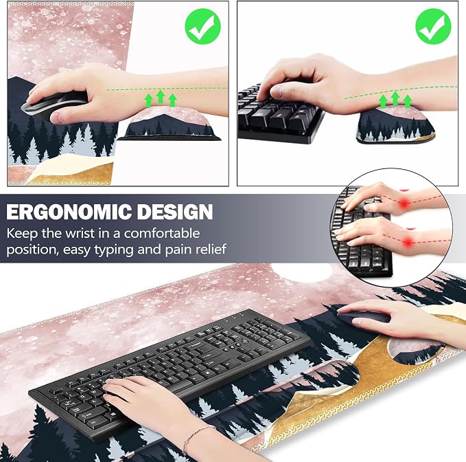 Extended Gaming Mouse Pad Set, Keyboard Wrist Rest Support Pad + Wrist Cushion + XXL Large Mouse Pad + Coaster, Stitched Edge, Non-Slip, Memory Foam Desk Mat, Pink Abstract Mountain