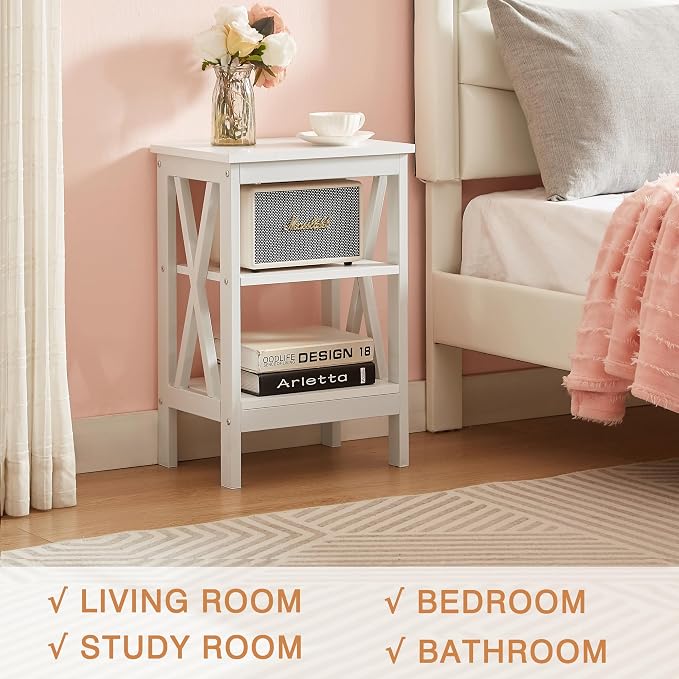 VECELO End Table, Bedside Table, 24" Tall Living Room End Tables, X-Design Reinforced Nightstands, Side Table with 3-Tier Storage Shelves for Small Spaces, Office, Bathroom, Bedroom, Pearl White