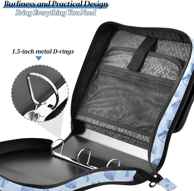Light Blue Bows Hearts Zipper Binder 3 Ring with Handle and Shoulder Strap, 500 Sheet Binder Organizer Capacity & Multi-Pockets for School Office