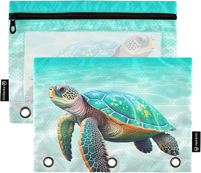 Sea Turtle Pencil Pouch for 3 Ring Binder, 2 Pack Waterproof Pencil Bags Clear Window Zipper School Office Supplies