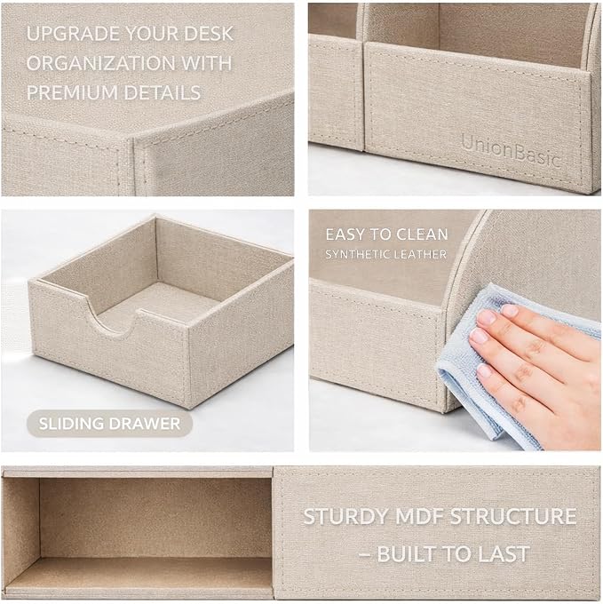 UnionBasic Desk Organizer - Multifunctional Leather Desktop Pen Holder Storage Box - Business Card/Pen/Pencil/Mobile Phone/Stationery Holder, Beige