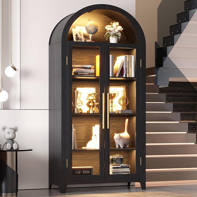 Vlsrka 71" Arched Kitchen Pantry Storage Cabinet with Glass Doors | 5-Tier Display Cabinets for Collectibles, Tall Bookcase with LED Light & Motion Sensor, Curio Cabinet with Adjustable Shelf