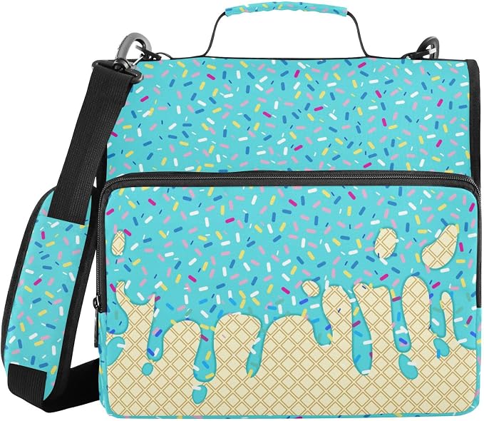Teal Blue Ice Cream Print 3 Ring Binder Bag 1.5 inch Binder Organizer with Zipper Shoulder Strap 500 Sheet Documents Storage for School Office