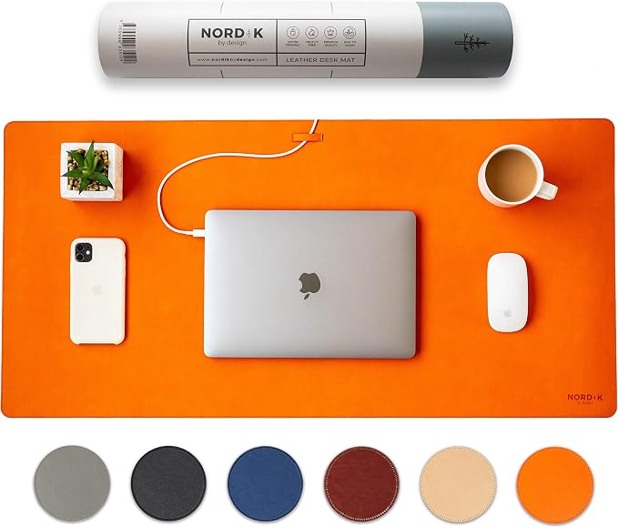 Nordik Leather Desk Mat -Tangerine Orange- Large Leather Desk Pad (35x17in) | Premium Vegan Leather Desk Pad with Cable Organizer, Giftable, Extended Waterproof Mouse Mat, Non-Slip Desk Pad Protector