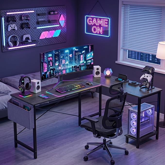 Alpen Gaming Desk, Home Office L Shaped Desk, Small Computer Corner PC Table with Side Bag and Reversible Shelf, Sturdy Writing Workstation for Bedroom, Living Room, Grey