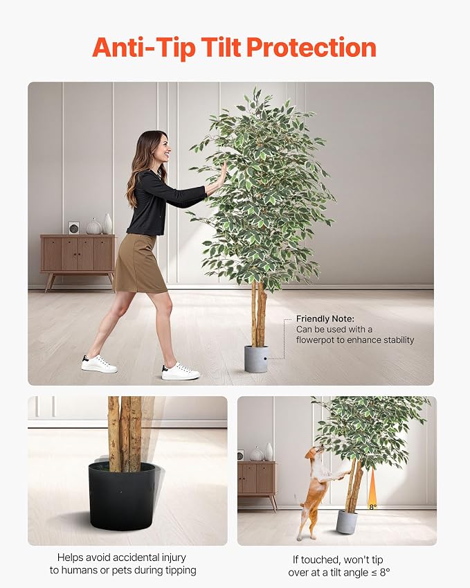 VEVOR 6FT Artificial Ficus Tree with Black Pot, Tall Faux Ficus Plant with Natural Wood Trunk and Realistic Green Leaves, Indoor Fake Silk Tree for Home, Office, Living Room, or Corner Décor