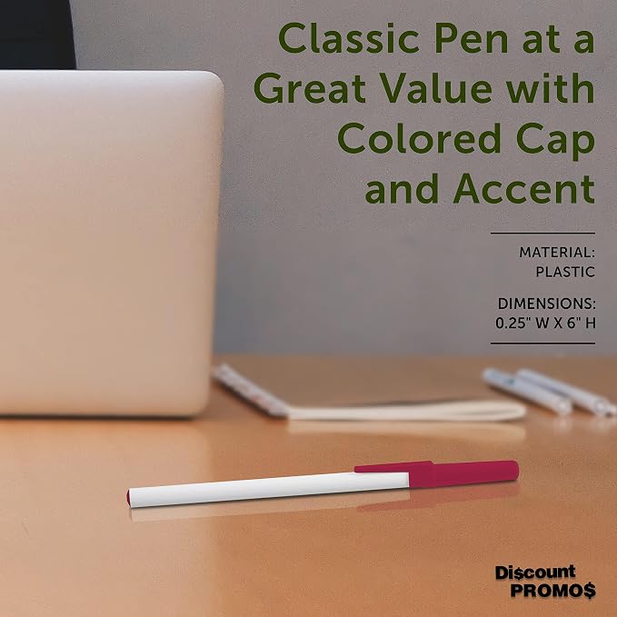 DISCOUNT PROMOS Value Stick Pens Set of 10, Bulk Pack - Blue Ink, Great for Office, School, Business, Tradeshows, Events - Burgundy Cap