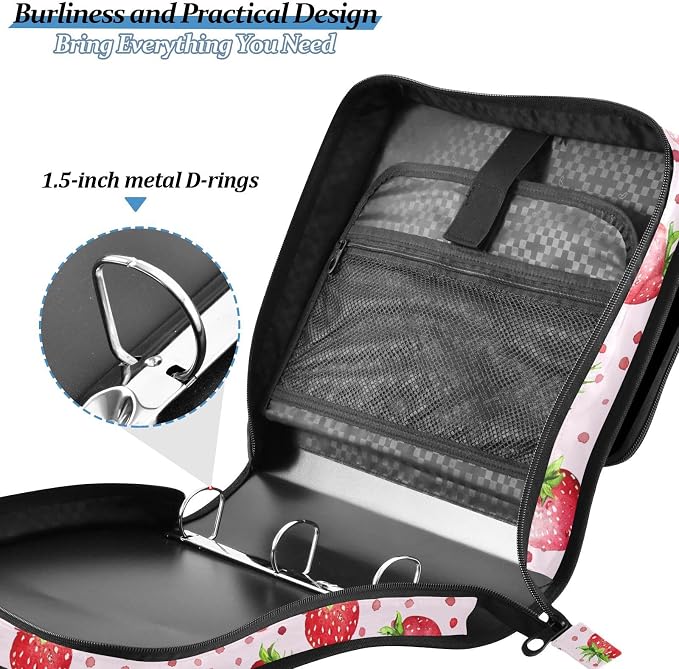 Strawberry Polka Dot Red Zipper Binder with Shoulder Strap Bag 3 Ring Binder Organizer Large Capacity Multiple Compartments for School Office