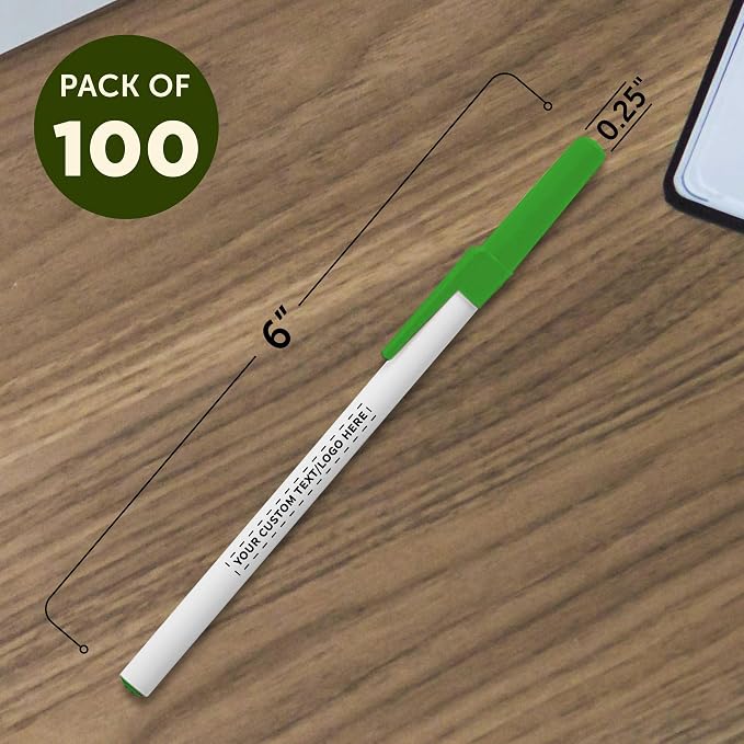 DISCOUNT PROMOS Custom Value Stick Pens Set of 100, Personalized Bulk Pack - Blue Ink, Great for Office, School, Business, Tradeshows, Events - Green Cap