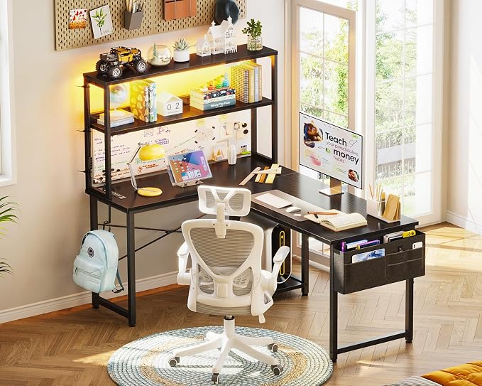 AODK L Shaped Desk Gaming Desk with LED Light & Power Outlet | 43 Inch Black Reversible L Shaped Computer Table with Shelf, Corner Desk with Storage Bag&Hook for Home Office Desk