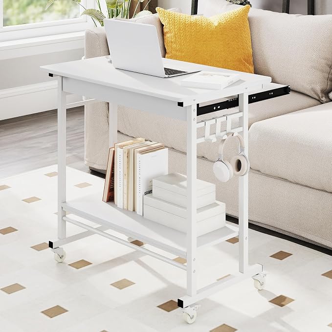 GIANTEX Rolling Computer Desk, Mobile Portable Desk with Keyboard Tray & Wheels, Laptop PC Table Cart with Shelf & Hooks, Industrial Small Desk for Small Spaces, Home Office, Bedroom, White