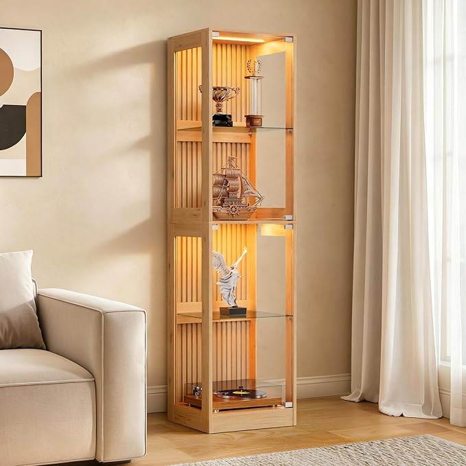 AMERLIFE 16-Inch RGB Display Cabinet | 70 H x 16 W x 16 D In, 4-Tier Storage, Adjustable Shelves, RGB LED Lights, for Collectibles, Wood-Grain Slatted Finish