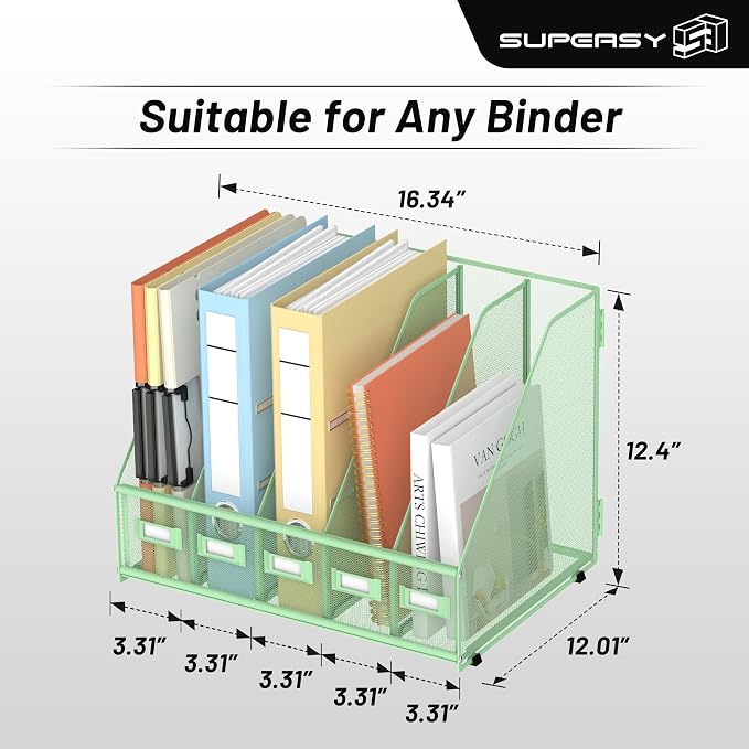 Desk Organizers Metal Desk Magazine File Holder with 5 Vertical Compartments Rack File Organizer for Office Desktop, Classroom, Home Workspace, Green, Plus