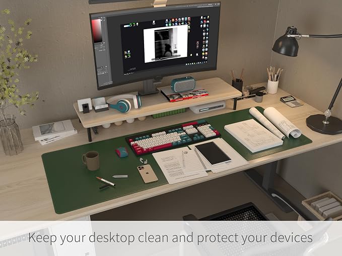 RENMTURE Dual-Sided Mouse Pad, Natural Cork & PU Leather Large Desk Pad for Office and Home Work, Desk Protector Non-Slip, Waterproof, Easy Clean (Dark Green, 47"x17")