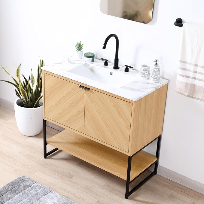 JONATHAN Y Juhl 35" Chevron Freestanding Bathroom Vanity Cabinet, Oak | Modern Minimalist Design, 18" Deep 33" Tall, 2 Soft-Close Doors, Interior And Open Shelves, Sink Not Included