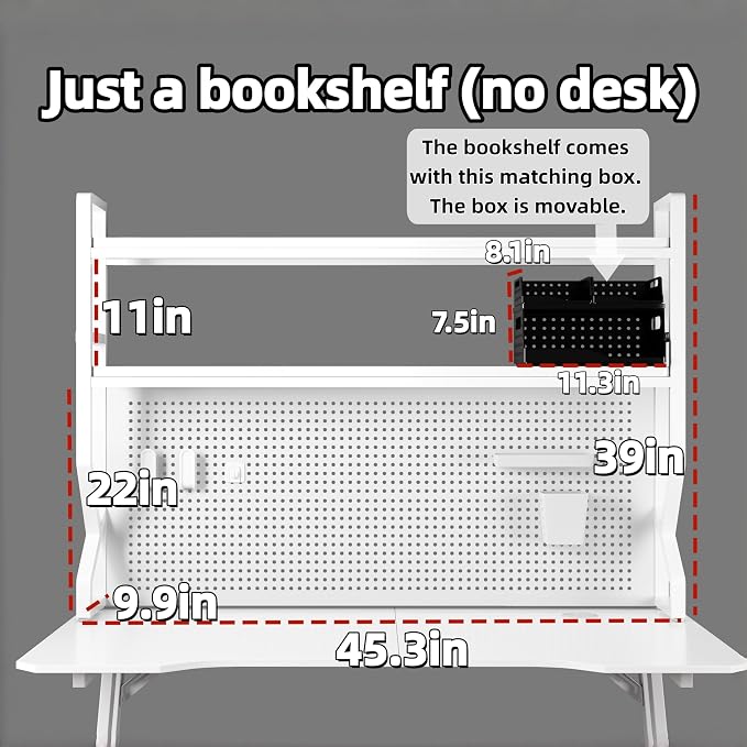 Desktop Bookshelf, Multi-Size pegboard Storage Organizer Rack, Dorm Desk Shelf, Desk Hutch, Desk top Storage Rack, Student Desktop Storage,Desk Shelves for top of des(White, 45.3" Lx9.9 Wx39 H)