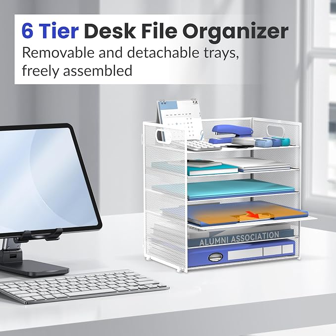Daltack 6-Tier Paper Organizer for Desk with Handle, White, 2 Pack | Sturdy Metal Mesh Organizer with Movable Middle Trays and a Carry Handle for Papers, Folders and Office Supplies