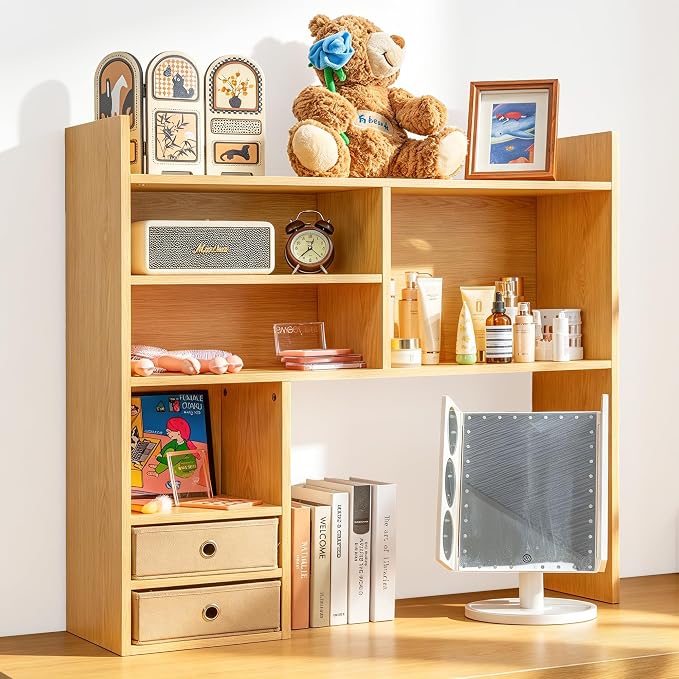 deli Desktop Bookshelf, High-Capacity Desk Hutch Organizer, Natural | with 7 Shelves and 2 Drawers for Computer Desk, Desk Shelf Organizer for Dorm Office Home