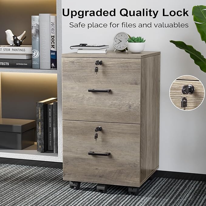 VINGLI 2 Drawer File Cabinet with Lock, Wood Rustic Gray Filing Cabinet for Letter Size File Folders with Tabs, Under Desk Rolling File Cabinets for Home Office, Mobile File Organization Printer Stand