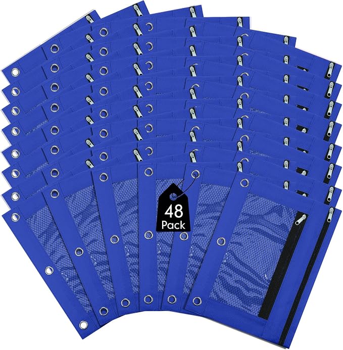 Leelosp 48 Pack Pencil Pouch for 3 Ring Binder,Royal Blue | Bulk Mesh Zipper Binder Pouches Pencil Boxes for Classroom Pencils Case Bags for Storing School Students Teacher Supplies