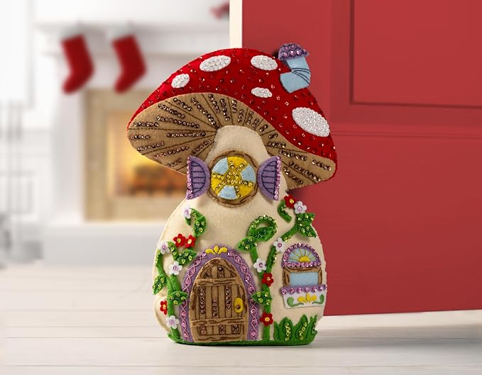 Bucilla Felt Applique Door Stop Kit, Mushroom Manor, Perfect for DIY Arts and Crafts, 89733E
