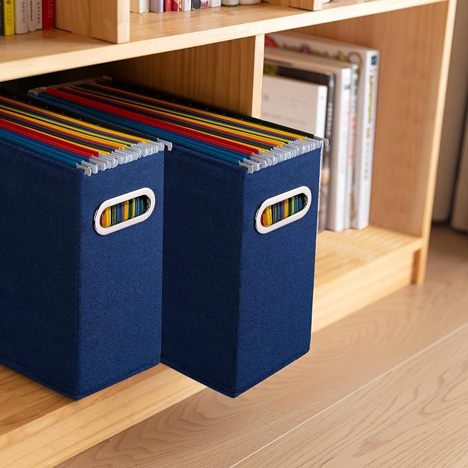 4 Pack Letter Size File Storage Box Collapsible, Fabric Hanging File Folders Organizer, Portable Office Document Holder with Metal Handle, Smooth PVC Rails, Blue