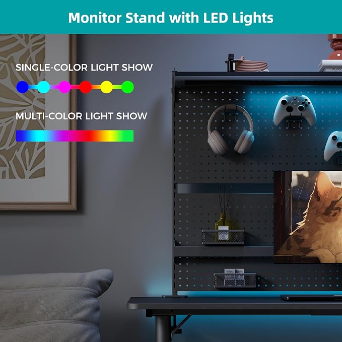 EUREKA ERGONOMIC Desk Pegboard Dual Monitor Stand 59x34 Black | Large steel pegboard with dual monitor stands, LED lighting, privacy panel and modular accessories for gaming desks